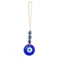 Blue glass evil eye lucky hanging ornament with white cord for car and keys - Large Round Blue Glass Main Piece Style (BE452BU00)