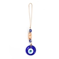 Blue glass Evil Eye lucky charm pendant with amber resin bead and tan woven cord - Amber Decorative Block with Blue Disk Style (BE453BU00)