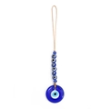 Blue glass evil eye lucky charm pendant with multi-bead design and brown cord - Round Dark Blue Glass Pendant with Beads (BE454BU00)