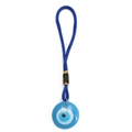 Detail of Turkish evil eye pendant with blue glass charm and woven hanging cord - Light Blue (30mm Disc)
