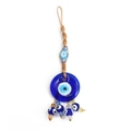 Deep blue glass Evil Eye hanging ornament with brown braided cord and five eye beads - Five-Eye Design Blue Glass Large Disk (BE455BU00)