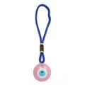 Close-up of a pink Evil Eye charm with light blue beads and a dark blue woven cord - Pink (30mm Disc)
