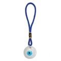 Macro shot of blue braided rope Evil Eye pendant with white round charm and gold rings - White (30mm Disc)