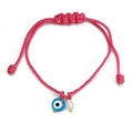 Detail of pink woven rope bracelet with evil eye charm and white baroque pearl - Pink