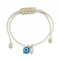 Detail of hand-woven cream cord bracelet with blue evil eye charm and pearl bead - Off White