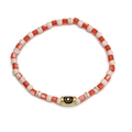 Elastic beaded bracelet with orange beads, marble accents, and a gold evil eye charm - Orange and White (BE860GD00)