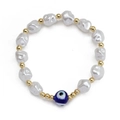 Handmade baroque pearl bracelet with golden beads and a blue evil eye centerpiece charm - Single Blue Eye Baroque Style (BE1346BU00)