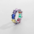 Eternity ring with colorful rectangular-cut zircons set in a silver-tone band on white - US 6 / Rhodium Plated Rainbow