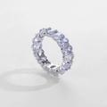 Detailed view of silver eternity ring with oval-cut cubic zirconia and claw setting - US 6 / Platinum