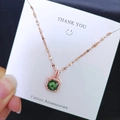 Rose gold stainless steel chain necklace with square green zircon pendant for women - Gold Olive Green