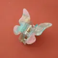 Vue détaillée d'une pince à cheveux papillon aux reflets nacrés roses et verts pastel - Café Vert