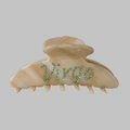 Detail of Virgo rhinestone lettering on large marble pattern hair claw clip - Virgo Letter / Beige