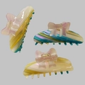 Three-piece colorful striped acetate hair claws with pink bows in multiple view angles - Gradient Blue
