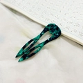 U-shaped hair fork in green and black marble acetate finish for hair styling - Green Floral