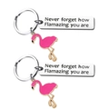 Set of 2 stainless steel flamingo keychains with motivational engraved metal tags - Rose Red