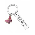 Schmetterling Gedenk Schlüsselanhänger mit Gravur und glitzerndem Anhänger Set - Stahlfarbe mit rosa Schmetterling (yq329)