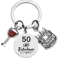 Dettaglio portachiavi 50 and Fabulous con ciondoli a calice di vino e torta - Stile 50° Compleanno (yq397-50)
