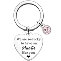 Detail of heart keychain with Auntie quote and pink gemstone on white background - Auntie Heart with Pink Stone (12)