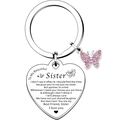 Detail of silver heart keychain with engraved sisters poem and pink rhinestone butterfly - Sister Heart with Pink Butterfly (22)