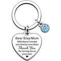 Detailed close-up of heart-shaped stainless steel keychain with blue gem and engraving - Stepmom Heart with Blue Stone (25)