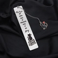 Close-up of stainless steel bookmark with engraved cat design on black silk fabric - Important Piece of Story (xk106) / 13*2.6cm