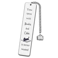 Detail of silver stainless steel bookmark with engraved cat and book-shaped pendant - Book Cat Design (xk107-2) / 13*2.6cm