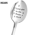 Macro shot of stainless steel spoon with I Love You to the Moon and Back engraving - Love You Back Quote (XG105)