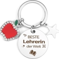 Stainless steel keychain for teachers with red apple charm and engraved star pendant - Round Plate Red Apple Style (xk84-01)