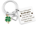 Detail of stainless steel keychain featuring a green clover and engraved message plaque - Square Plate Clover Heart Style (xk84-05)