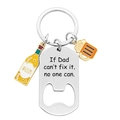 Detail view of steel bottle opener keychain with beer charms and engraved Dad quote - If Dad Can't Fix It with Beer Charms (xk89-4-2)