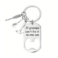 Detail of silver bottle opener keychain with miniature tool charms and grandpa quote - If Grandpa Can't Fix It Style (xk89-5)