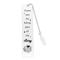 Macro shot of stainless steel bookmark with engraved quote and a silver feather pendant - Book Pile Coffee (XK108-6)