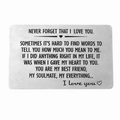 Detailed view of brushed stainless steel wallet insert card with engraved emotional quote - Emotional Love Quote (xk182-10) / 8.5x5.5