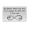 Macro detail of brushed stainless steel wallet card with laser engraved heart and infinity sign - Infinity and Hearts (xk182-8) / 8.5x5.5