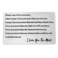 Macro detail of engraved stainless steel wallet insert card with romantic English text - Romantic Love Note (xk182-7) / 8.5x5.5