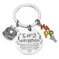 Stainless steel 16th birthday keychain with cake charm and engraved message on white background - 16th Birthday (xk174-16)