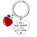 Gros plan porte-clés enseignant en acier avec pendentif cœur et breloque pomme rouge - Cœur Pomme Hommage (xk172-4)