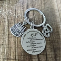 Stainless steel 60th birthday keychain with cake charm and engraved quote on wood - 60th Birthday Style (xk172_60)