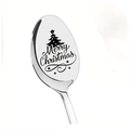 Macro shot of laser engraved Merry Christmas text and tree on stainless steel spoon - Christmas Tree Mirror Style (XG250)