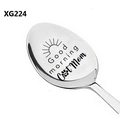 Detail view of engraved Cat Mom and Good morning text on a stainless steel spoon - Good Morning Cat Mom Style (XG224)