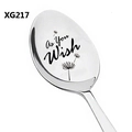 Detailed close-up of stainless steel spoon with laser-engraved dandelion and text - Dandelion Pattern Style (XG217)