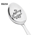 Macro shot of silver stainless steel spoon with Merry Christmas laser engraving - Star Decoration Style (XG216)