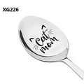 Macro detail of silver stainless steel spoon with laser engraved Cat mom text and ears - Cat Mom With Ears Style (XG226)