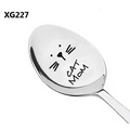 Detail view of a polished stainless steel spoon featuring laser-engraved Cat Mom text - Script Cat Mom Style (XG227)