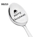 Detailed view of Merry Christmas laser engraving on polished stainless steel spoon head - Christmas Hat Icon Style (XG213)