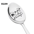 Detailed macro view of laser engraved Christmas elk and reindeer on stainless steel spoon - Santa Sleigh Style (XG209)