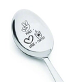 Mirror polished stainless steel coffee spoon engraved with Peace Love Coffee icons - Peace Love Coffee (XG245)