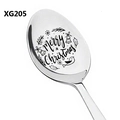 Detail of laser engraved Merry Christmas text and holiday motifs on a stainless steel spoon - Christmas Bells Style (XG205)