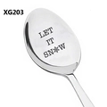 Detailed macro view of stainless steel coffee spoon with Let It Snow engraving - Snowflake Element Style (XG203)
