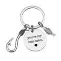 Polished stainless steel keychain with fish charm and 'you're my best catch' engraving - Round Tag Style (xk240-10)